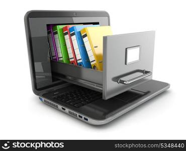 Data storage. Laptop and file cabinet with ring binders. 3d