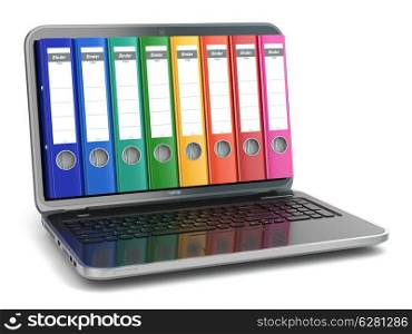 Data storage. Laptop with file ring binders. 3d