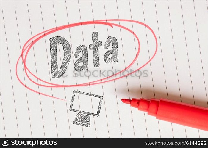 Data word in a red circle with a computer sketch