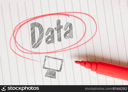 Data word in a red circle with a computer sketch