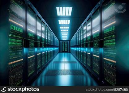 Database center room with fully service system operated by software server rack. Concept of dark with neon blue green lights with darkness. Finest generative AI.. Database center room with fully service system operated by software server rack.