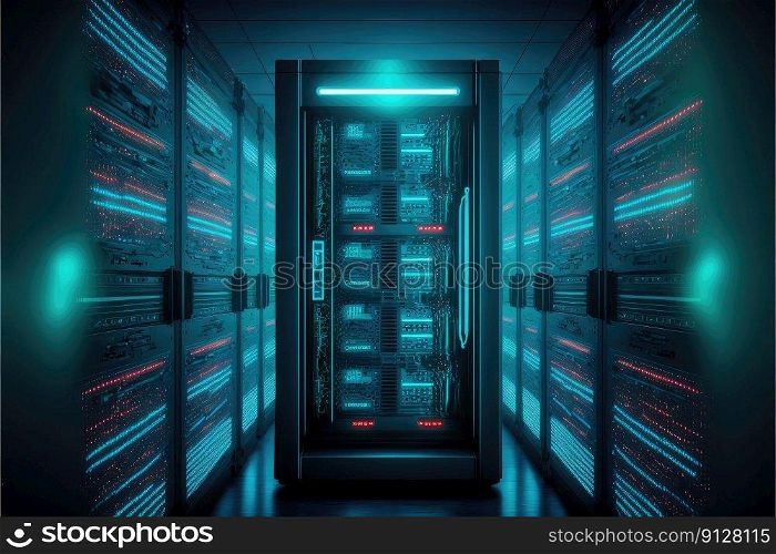 Database center room with fully service system operated by software server rack. Concept of dark with neon blue green lights with darkness. Finest generative AI.. Database center room with fully service system operated by software server rack.