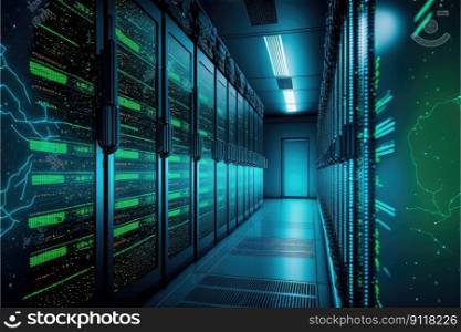 Database¢er room with fully service system operated by software server rack. Concept of dark with≠on blue green lights with dark≠ss. Fi≠st≥≠rative AI.. Database¢er room with fully service system operated by software server rack.