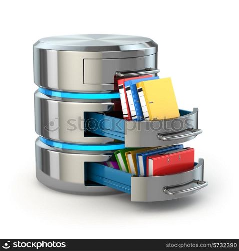 Database storage concept. Hard disk icon with folders isolated on white. 3d