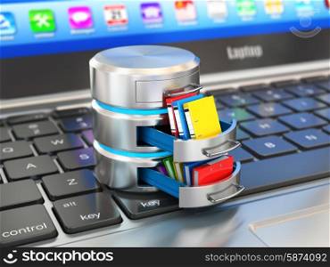 Database storage concept. Hard disk icon with folders on laptop keyboard. 3d