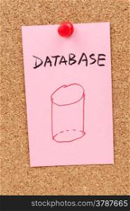 Database word and symbol drawn on paper and pinned on cork board