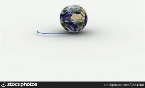 Datenaustausch nbers Internet. Symbolische Darstellung mit einem Globus und vier Notebooks.