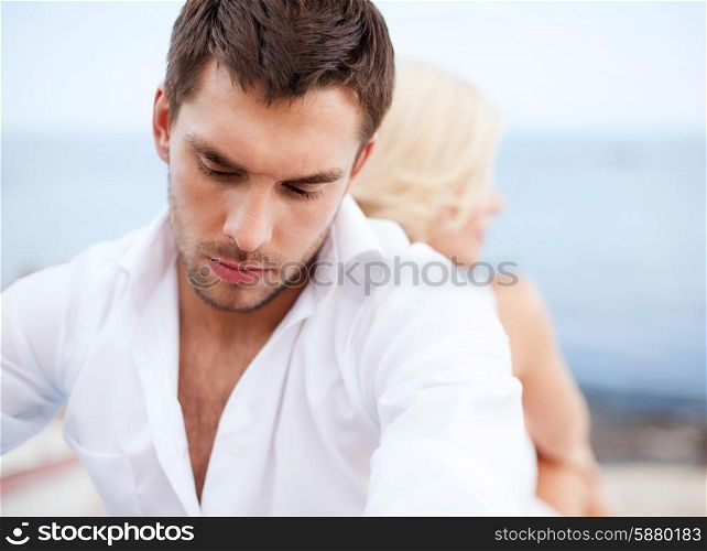 dating and relationships concept - stressed man with man outside