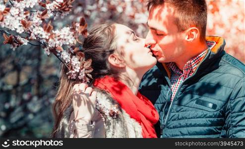 Dating. Young woman and man walking, couple in love relaxing in blossoming cherry trees park at sunny spring day