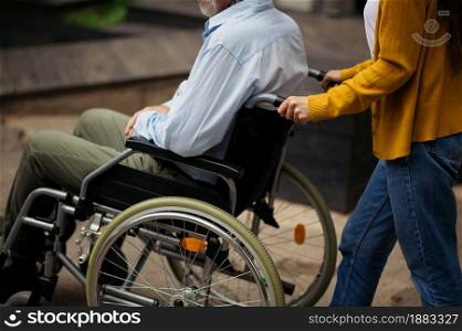 Daughter and disabled father in wheelchair go for a walk. Paralyzed people and disability, handicap overcoming. Handicapped male person and young female guardian outdoors. Daughter and disabled father go for a walk