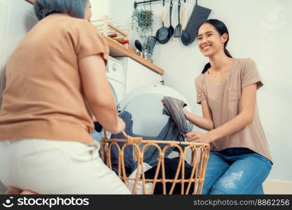 Daughter and mother working together to complete their household chores near the washing machine in a happy and contented manner. Mother and daughter doing the usual tasks in the house.. Contented daughter and mother in the household washing room working together.