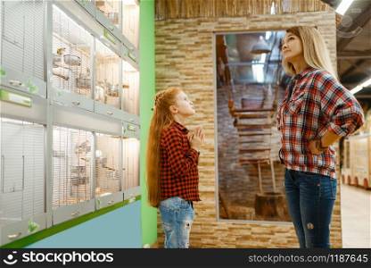 Daughter persuades her mother to buy a bird in pet store. Woman and little child buying equipment in petshop, accessories for domestic animals. Daughter persuades mother to buy a bird, pet store
