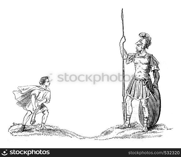David and Goliath, vintage engraved illustration. Magasin Pittoresque 1852.