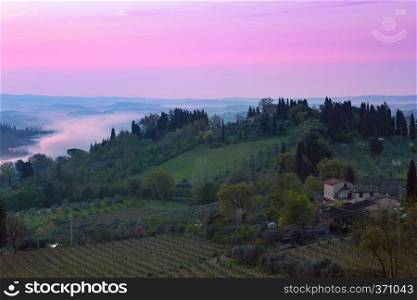 dawn and typical Tuscan landscape - a view of a villa on a hill, a cypress alley and a valley with vineyards, province of Siena. Tuscany, Italy 