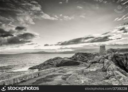 Dawn over tower in Ile Rousse, Corsica