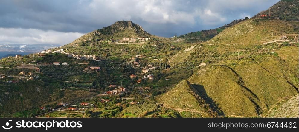 Dawn panorama of hills near Taormina in Sicily,Italy