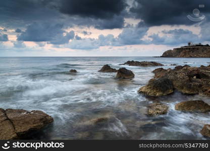 Dawn sunrise landscape over beautiful rocky coastline in Mediterranean Sea