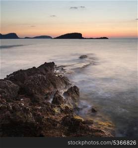 Dawn sunrise landscape over beautiful rocky coastline in Mediterranean Sea