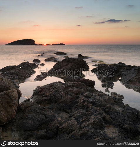 Dawn sunrise landscape over beautiful rocky coastline in Mediterranean Sea