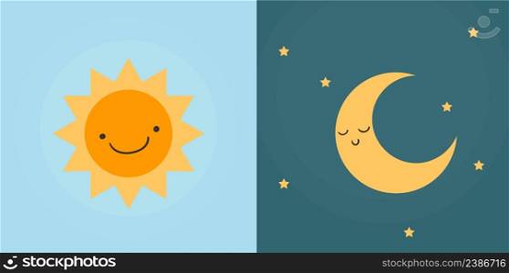 Day and night symbols with cute faces. Dark and bright modes. Vector illustration. Day and night symbols with cute faces. Dark and bright modes. Vector
