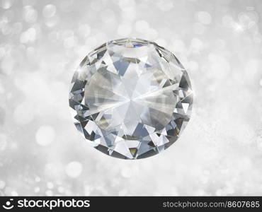 Dazzling diamond on white shining bokeh background. concept for selection best diamond gem design