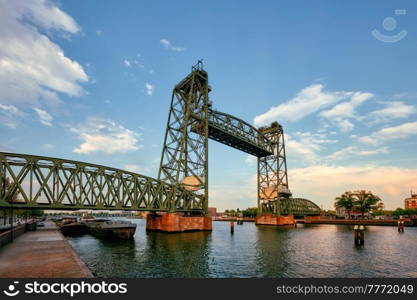 De Hef or Koningshavenbrug - old railway lift bridge over the Koningshaven in Rotterdam, The Netherlands. De Hef or Koningshavenbrug railway lift bridge over the Koningshaven in Rotterdam