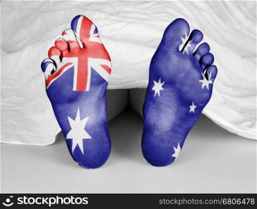 Dead body under a white sheet, flag of Australia