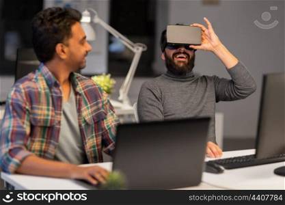 deadline, augmented reality and technology concept - creative man with virtual headset or 3d glasses at office. creative man in virtual reality headset at office. creative man in virtual reality headset at office