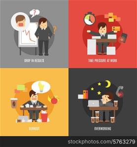 Deadline stress at work 4 flat icons composition of results drop burnout and overworking abstract vector illustration