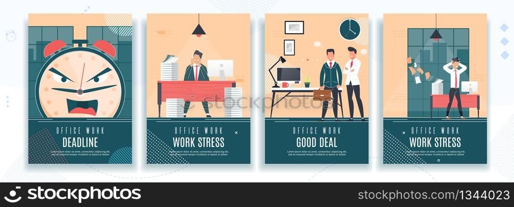 Deadline, Work Stress, Good Deal Flat Banner Set. Effective Time Management for Efficient Successful and Profitable Business. Vector Office Characters, Overwork and Coworking Illustration. Deadline, Work Stress, Good Deal Flat Banner Set