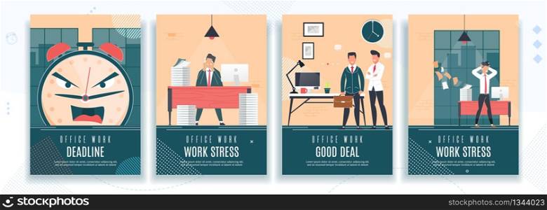Deadline, Work Stress, Good Deal Flat Banner Set. Effective Time Management for Efficient Successful and Profitable Business. Vector Office Characters, Overwork and Coworking Illustration. Deadline, Work Stress, Good Deal Flat Banner Set