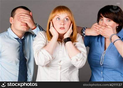 deaf dumb blind, three business people on gray background