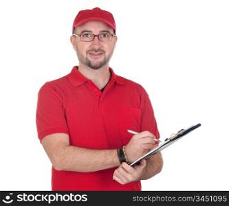 Dealer with clipboard and red uniform isolated over white background