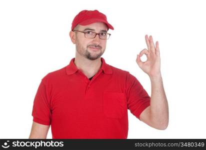 Dealer with focus on head saying OK isolated over white background