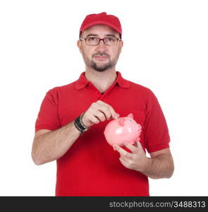 Dealer with moneybox inserting a coin isolated over white background