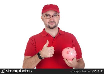 Dealer with moneybox saying OK isolated over white background