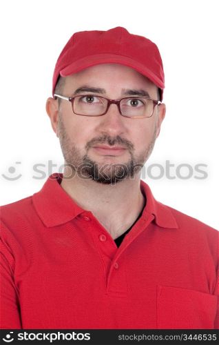 Dealer with red uniform isolated over white background