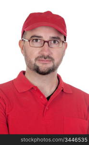 Dealer with red uniform isolated over white background