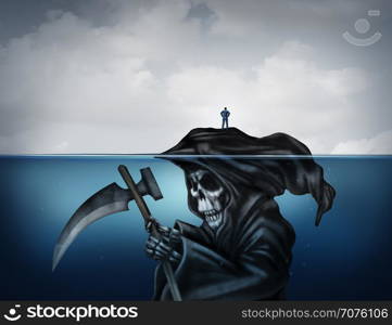 Death is looming concept or health risk and unknowingly have a false sense of security as a symbol in a 3D illustration style with a person standing on an island that is secretly a grim reaper underwater.