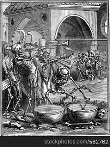 Death playing timpani, vintage engraved illustration. Magasin Pittoresque 1869.