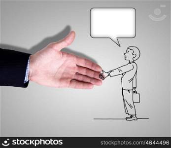Deawing of a man shaking human hand. Man and handshake
