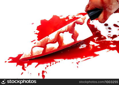 deba knife bloody in hand lady on white background, Social violence Halloween concept