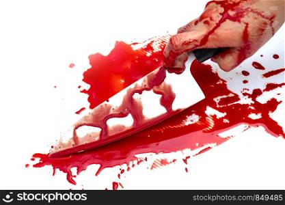 deba knife bloody in hand lady on white background, Social violence Halloween concept
