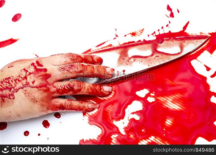 deba knife bloody in hand lady on white background, Social violence Halloween concept