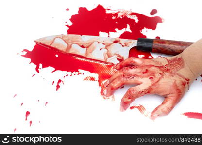 deba knife bloody in hand lady on white background, Social violence Halloween concept