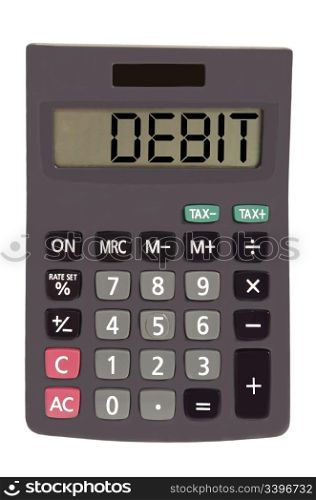 debit on display of an old calculator on white background