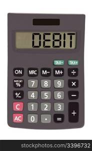 debit on display of an old calculator on white background