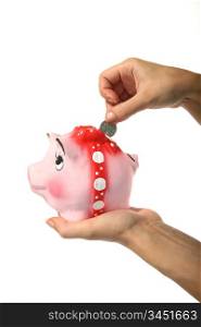 debt Coin box pink pig and hand