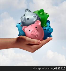 Debt consolidation as a hand holding a group of diverse piggy banks as an accounting financial concept to combine credit loans and savings for budgeting and managing finances with 3D illustration elements.
