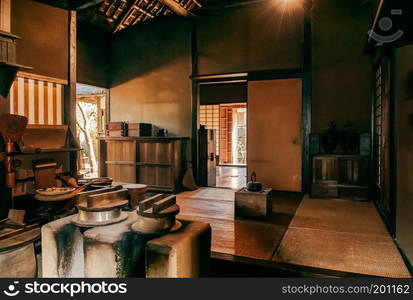 DEC 11, 2012 Chiba, JAPAN - Old vintage kitchen with stove room in Japanese Samurai house in Sakura city, famous Edo Samurai village near Tokyo.